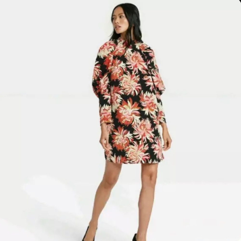 Who What Wear Floral Dress Womens Black Pink Long Sleeve Size XS